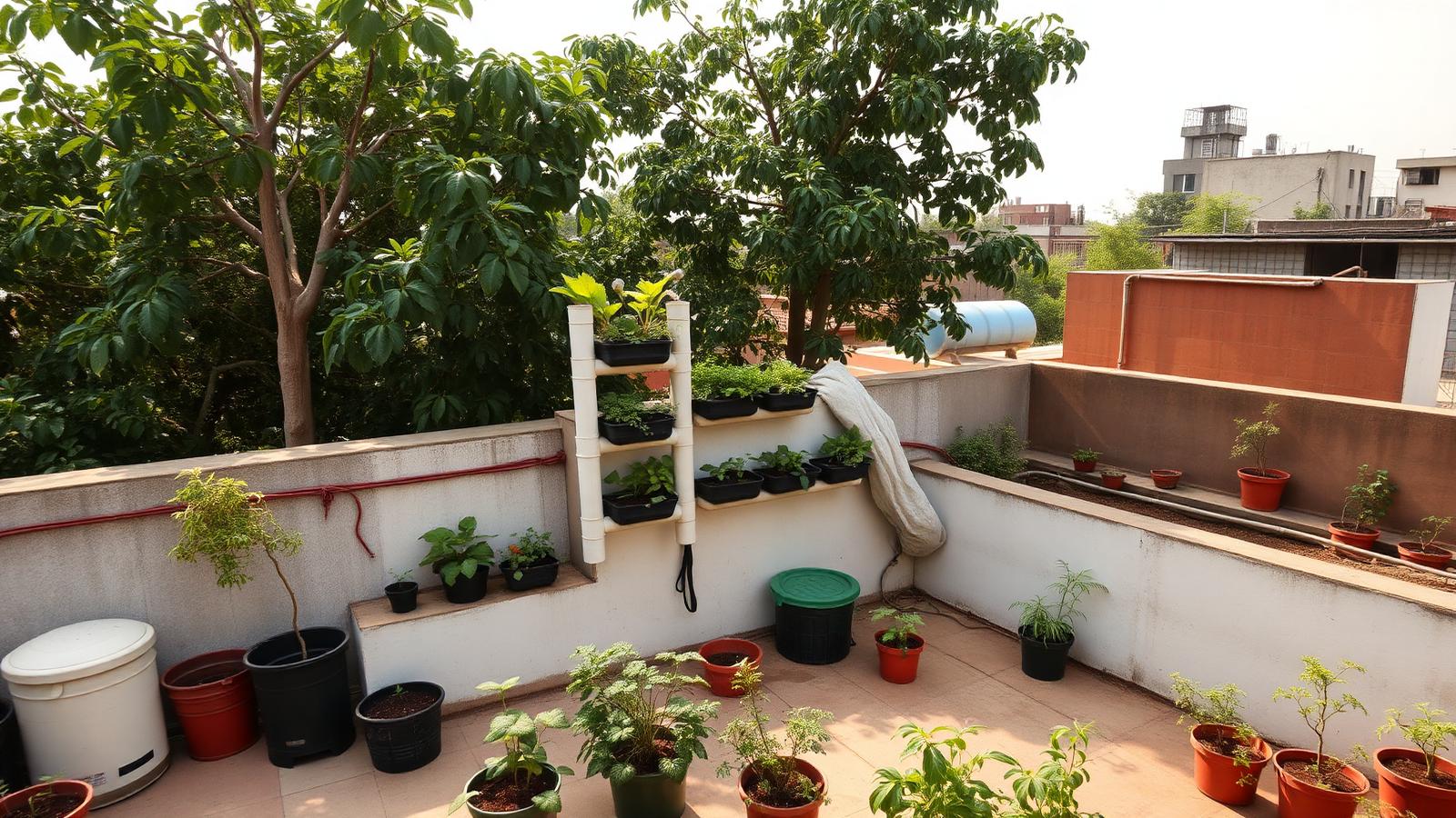 Five-layer rooftop garden with drumstick tree, PVC tower, wall planters, raised beds and pots