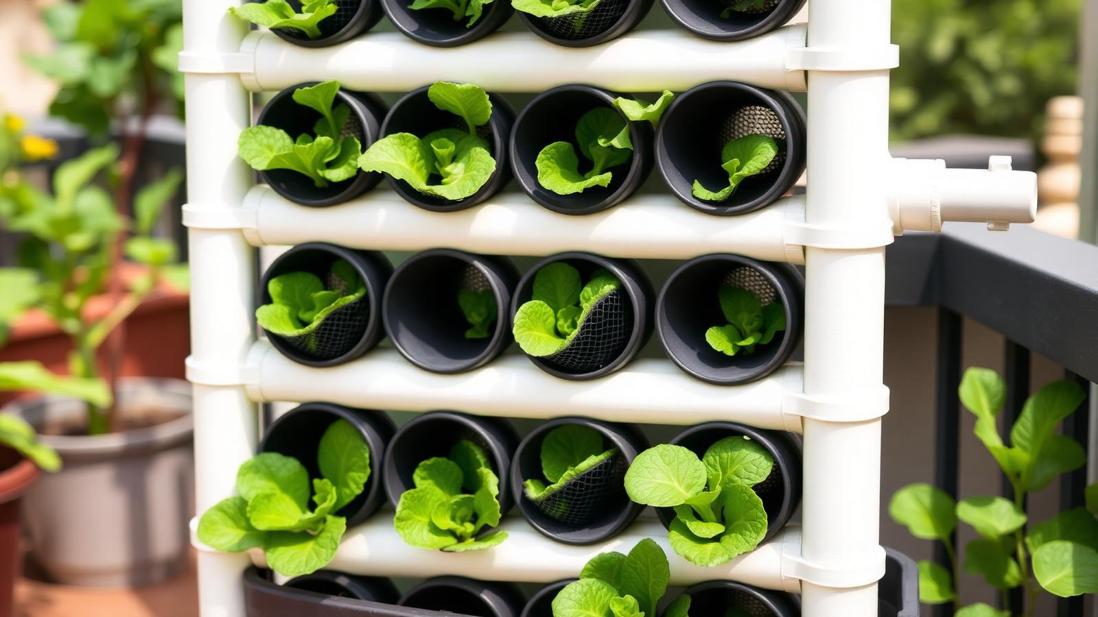 PVC vertical tower with 24 lettuce plants in offset net cups