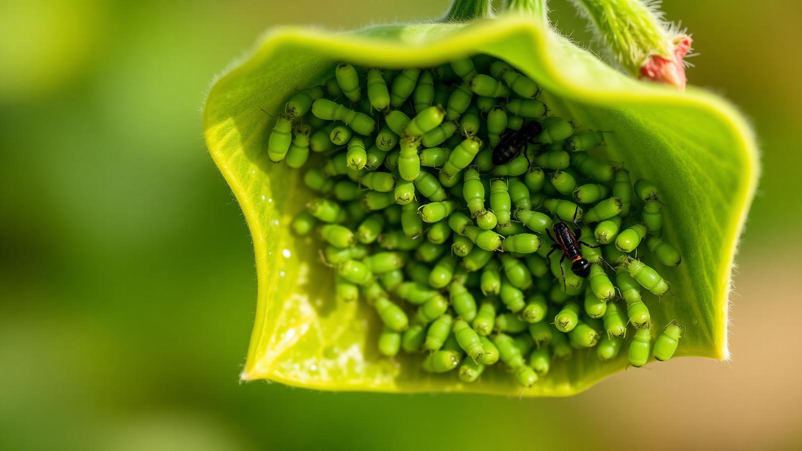 Green aphids clustered on the underside of a curled tomato leaf with a black ant nearby