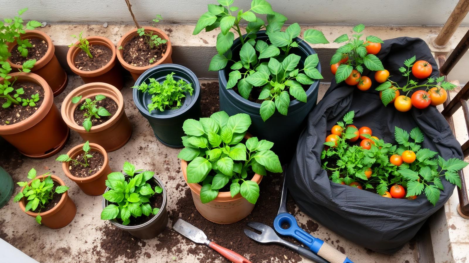 Beginner balcony container garden with terracotta herb pots, plastic pots and fabric grow bags
