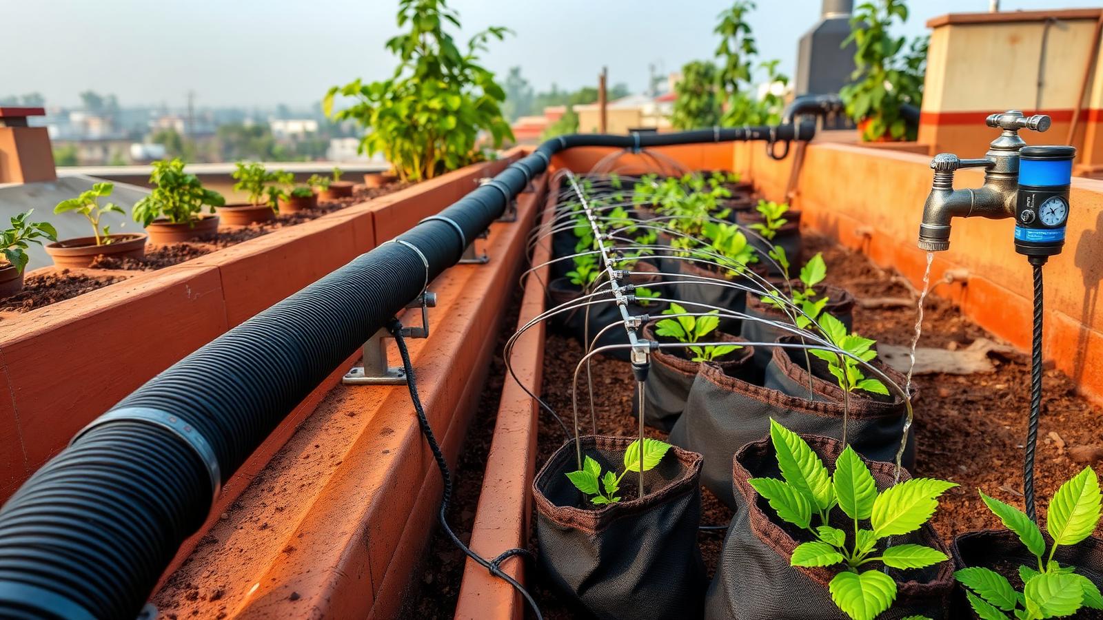 Complete rooftop drip irrigation system with 16mm main pipe, micro tubes, filter and timer