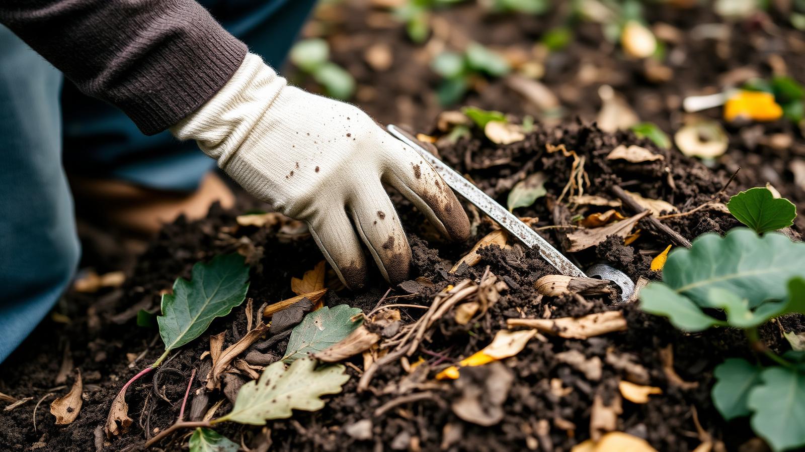 Gardener turning a compost pile with a garden fork to aerate the layers