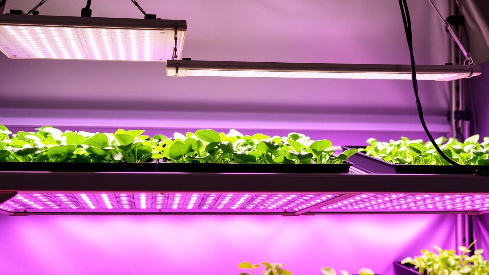 Indoor LED grow shelf illuminating trays of lettuce and microgreens with full-spectrum panels