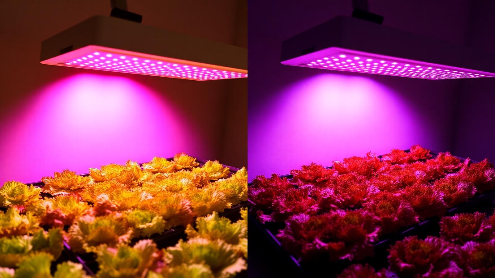 Side-by-side comparison of full-spectrum white and blurple LED panels over identical lettuce trays