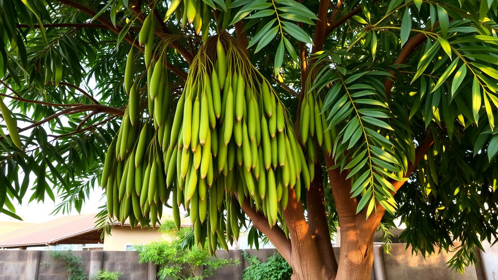 Mature drumstick moringa tree with hanging pod clusters in a South Indian backyard