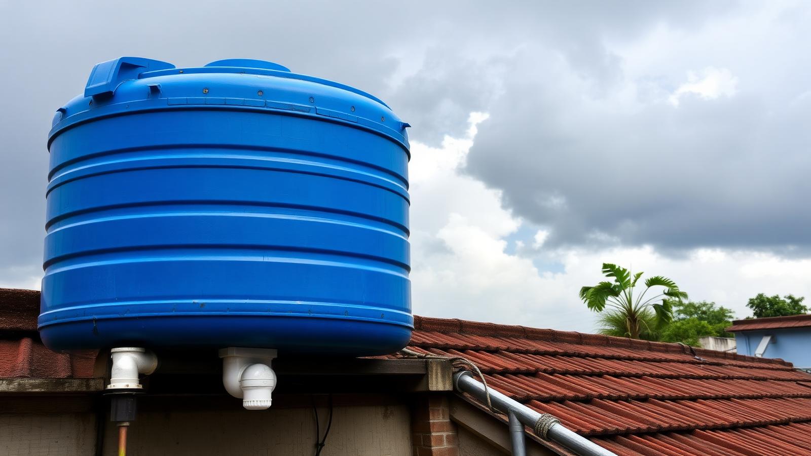 Blue 1000-litre rainwater tank installed on an Indian rooftop with first-flush diverter and monsoon sky