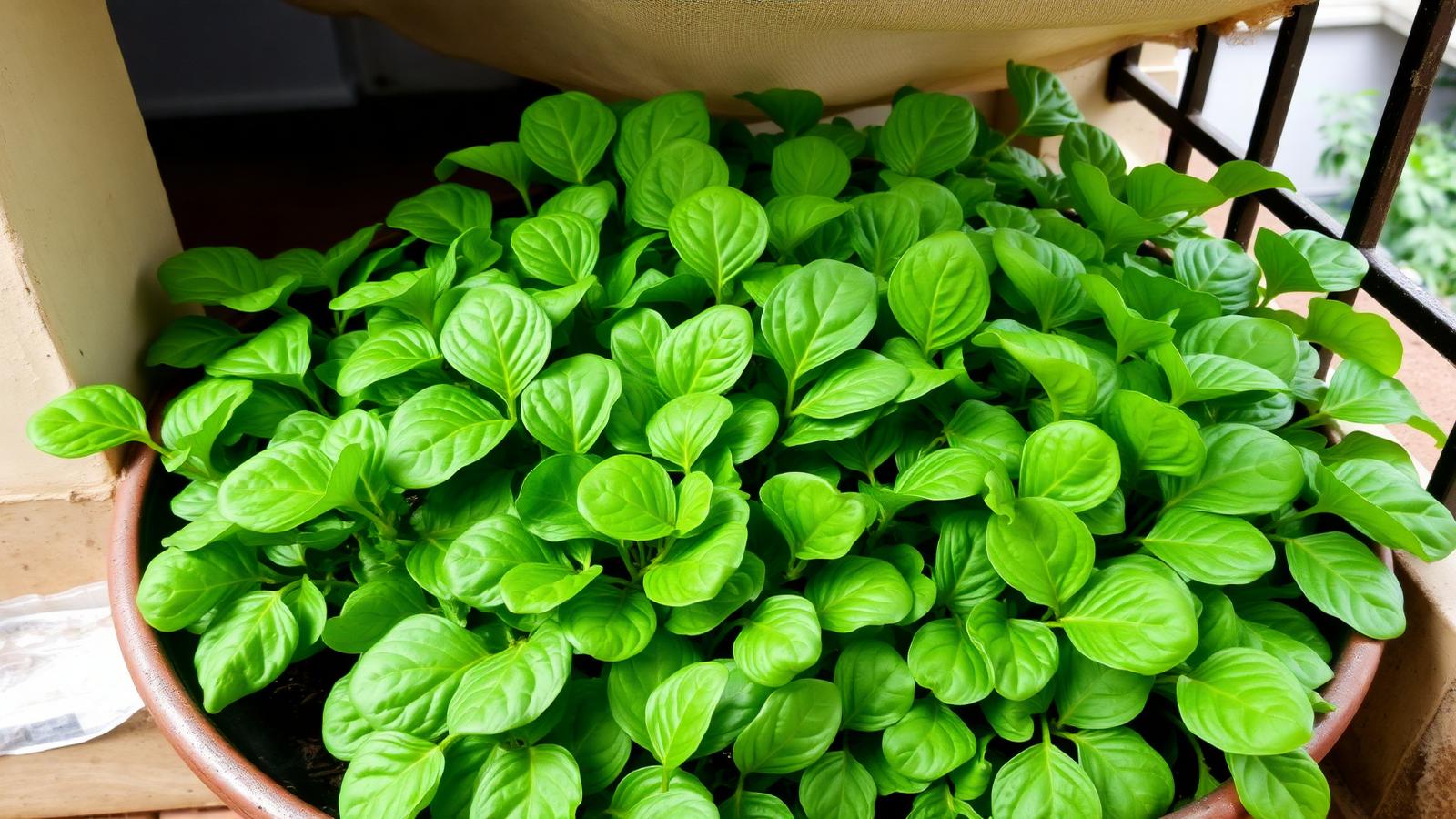 Densely grown palak spinach plants in a wide shallow container on an Indian balcony