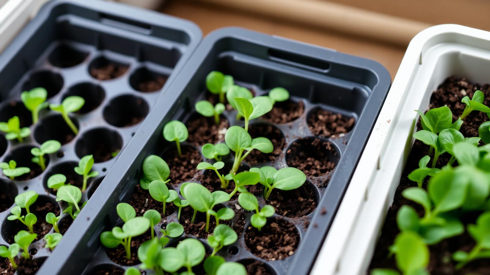 Three seedling trays of spinach at different succession-planting growth stages