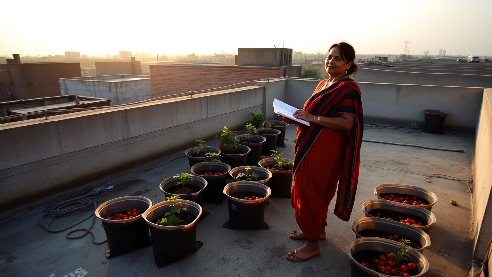 Indian gardener with notebook surveying twelve grow bags on a Lucknow rooftop at sunrise