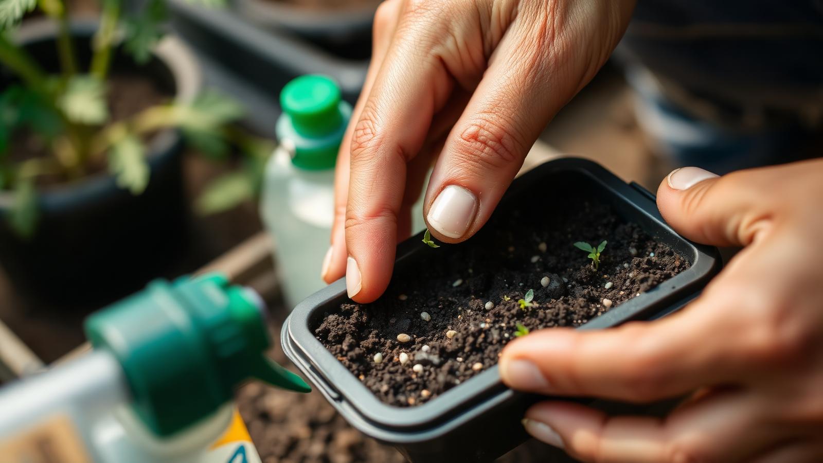 Hands sowing tomato seeds into a black seedling tray filled with dark cocopeat