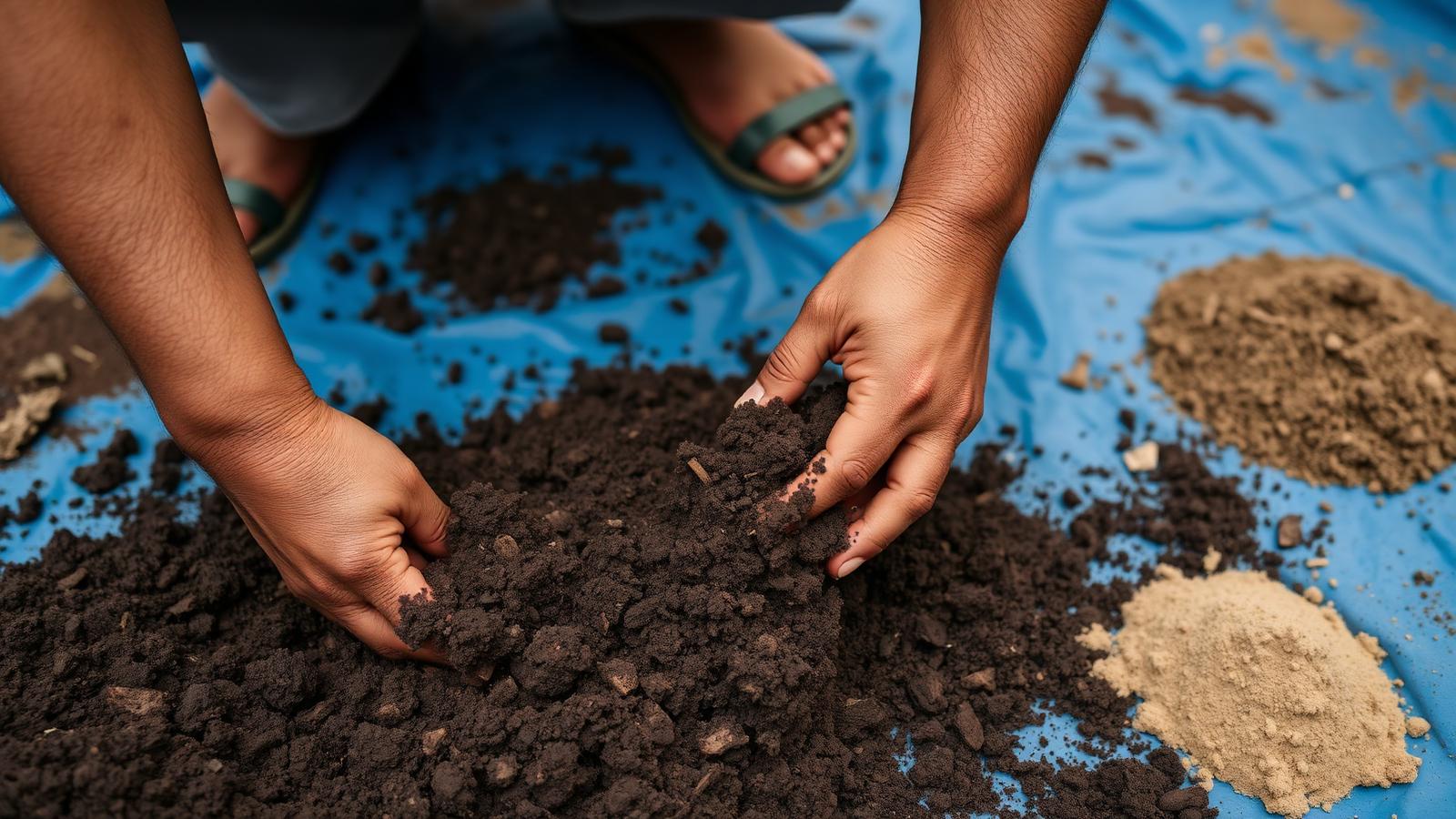 Hands mixing red soil, cocopeat, vermicompost and neem cake on a blue tarp