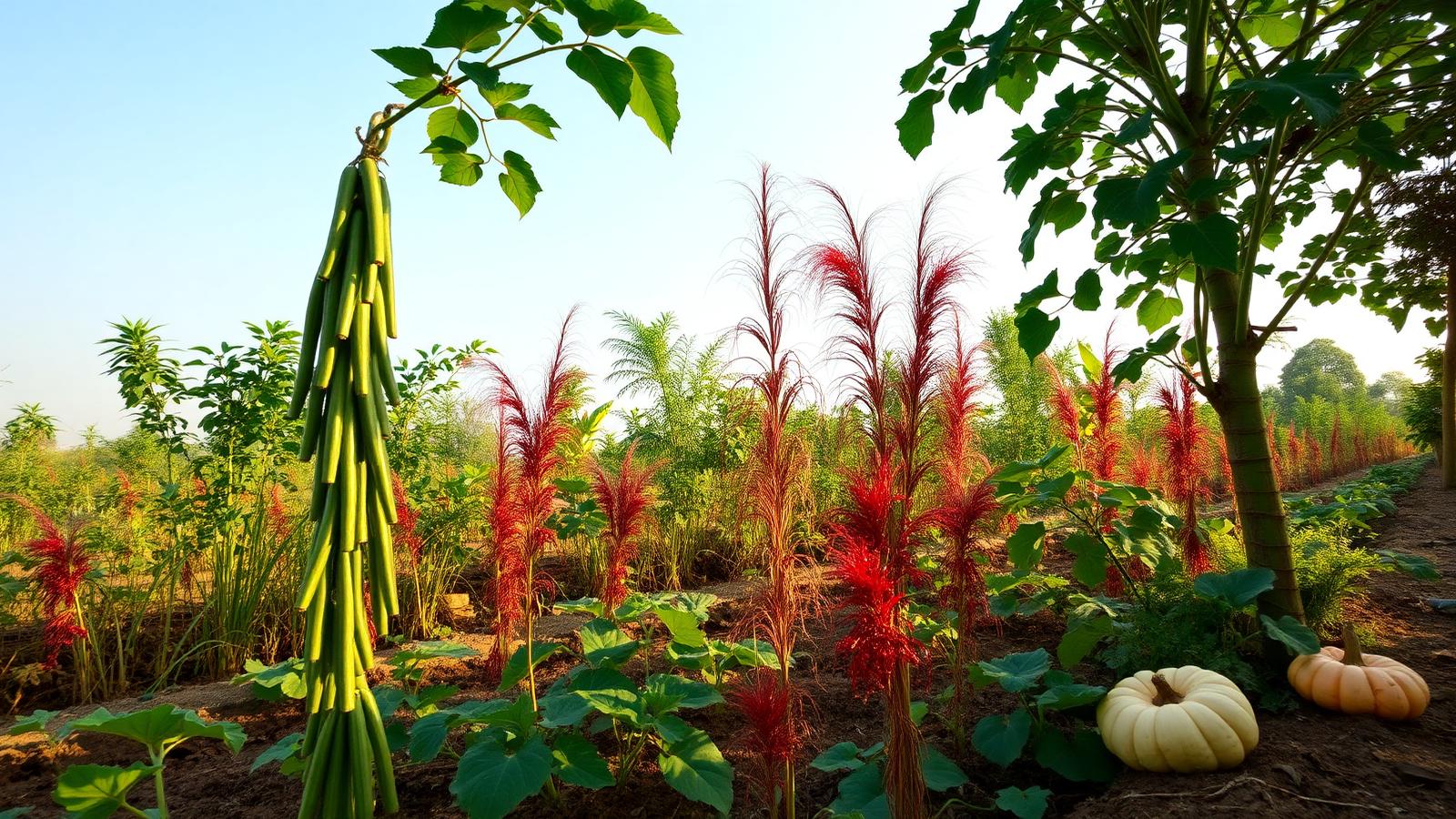 Indian survival garden with moringa, amaranth, sweet potato and pumpkin growing together
