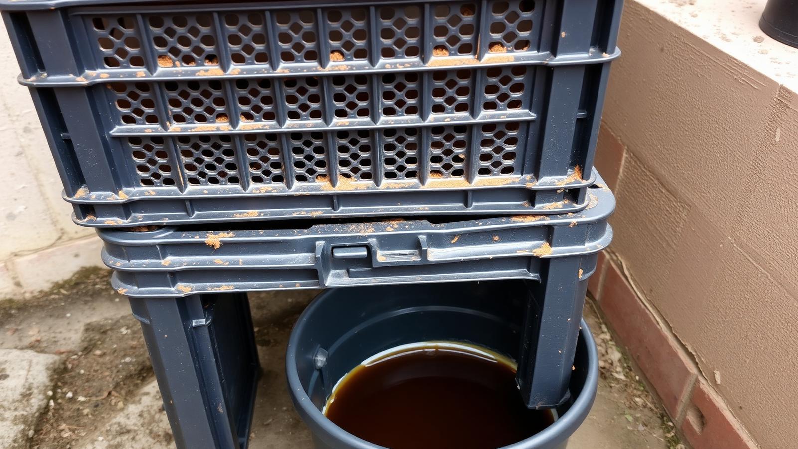Two stacked black crates set up as a DIY vermicompost bin with vermiwash dripping into a bucket