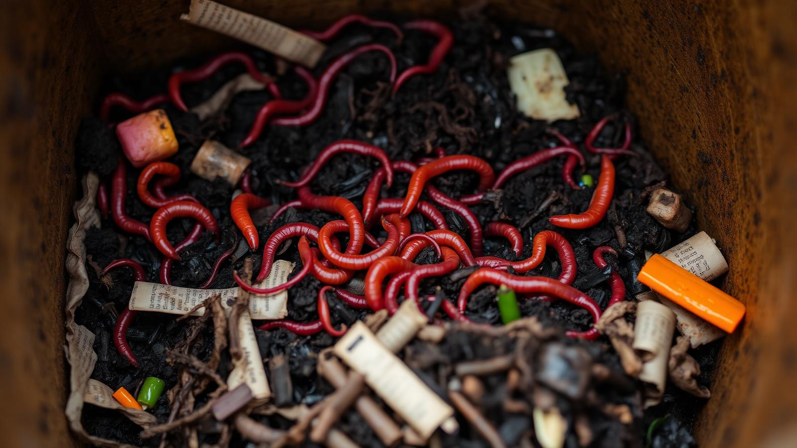 Open vermicompost bin showing red wriggler worms in moist castings with newspaper bedding