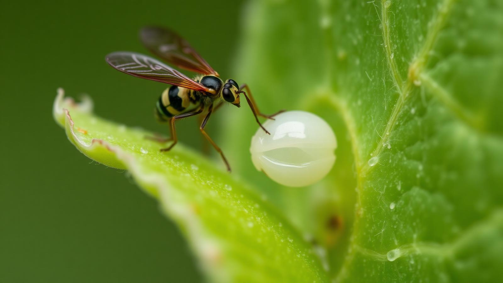 Parasitoid wasp Encarsia formosa landing on a whitefly nymph on a leaf underside