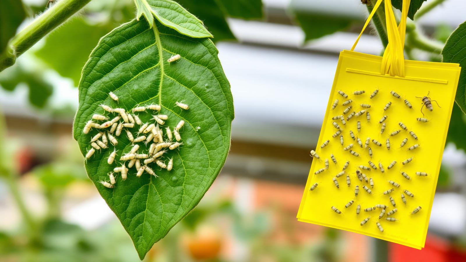 Whiteflies on the underside of a tomato leaf with a yellow sticky trap covered in caught adults